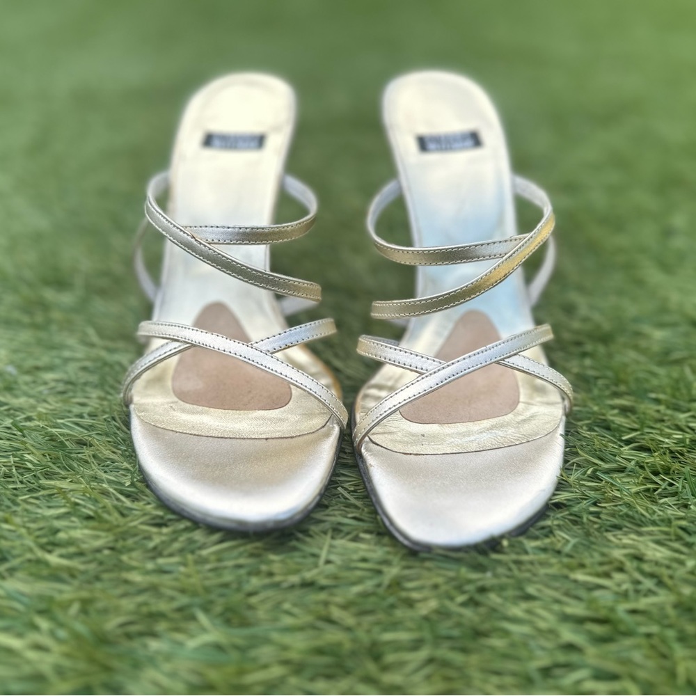 Stuart Weitzman Gold Slip on Strappy Heels, Size 5